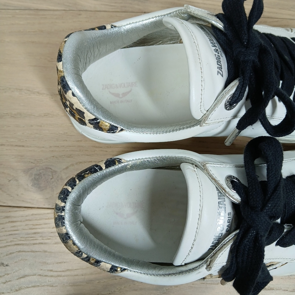 Zadig & Voltaire Paris White Leathe Leopard Print Low Top Sneakers 1597 - Picture 12 of 14